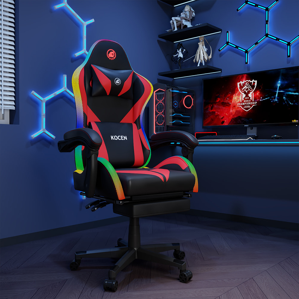 صندلی بازی پارچه چرم PU، صندلی Esports با چراغ‌های RGB قابل تنظیم چند رنگ، منبع تغذیه USB، کنترل از راه دور
