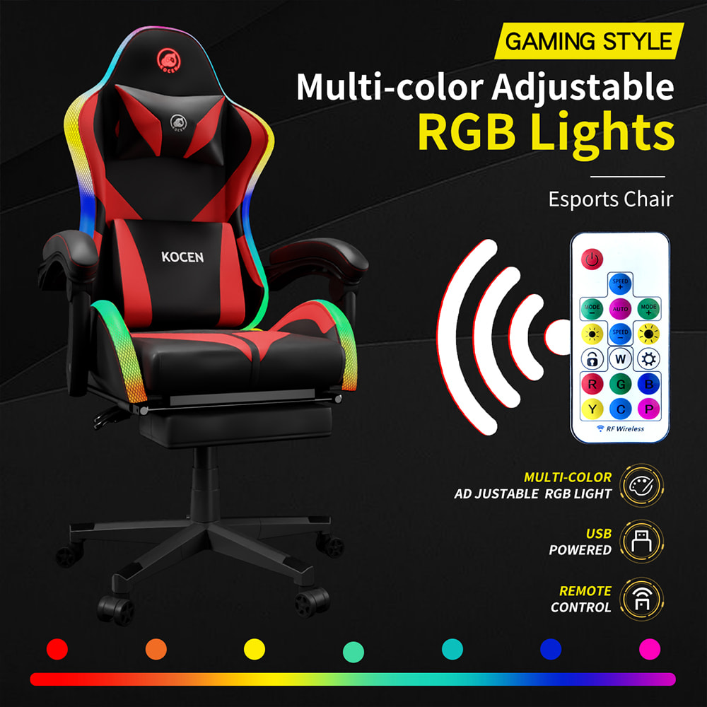 صندلی بازی پارچه چرم PU، صندلی Esports با چراغ‌های RGB قابل تنظیم چند رنگ، منبع تغذیه USB، کنترل از راه دور