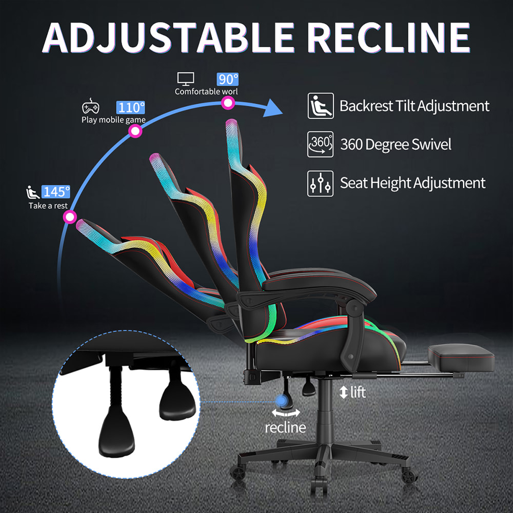 صندلی بازی پارچه چرم PU، صندلی Esports با چراغ‌های RGB قابل تنظیم چند رنگ، منبع تغذیه USB، کنترل از راه دور