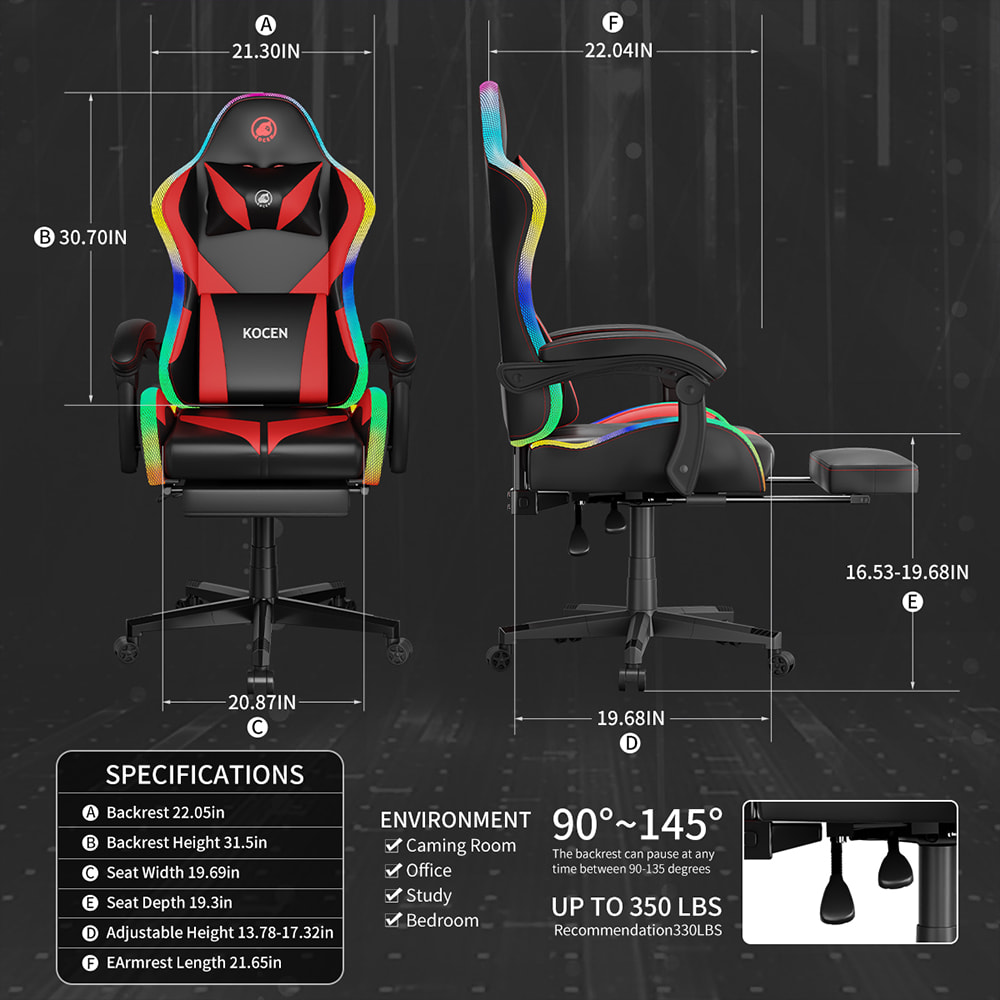 صندلی بازی پارچه چرم PU، صندلی Esports با چراغ‌های RGB قابل تنظیم چند رنگ، منبع تغذیه USB، کنترل از راه دور